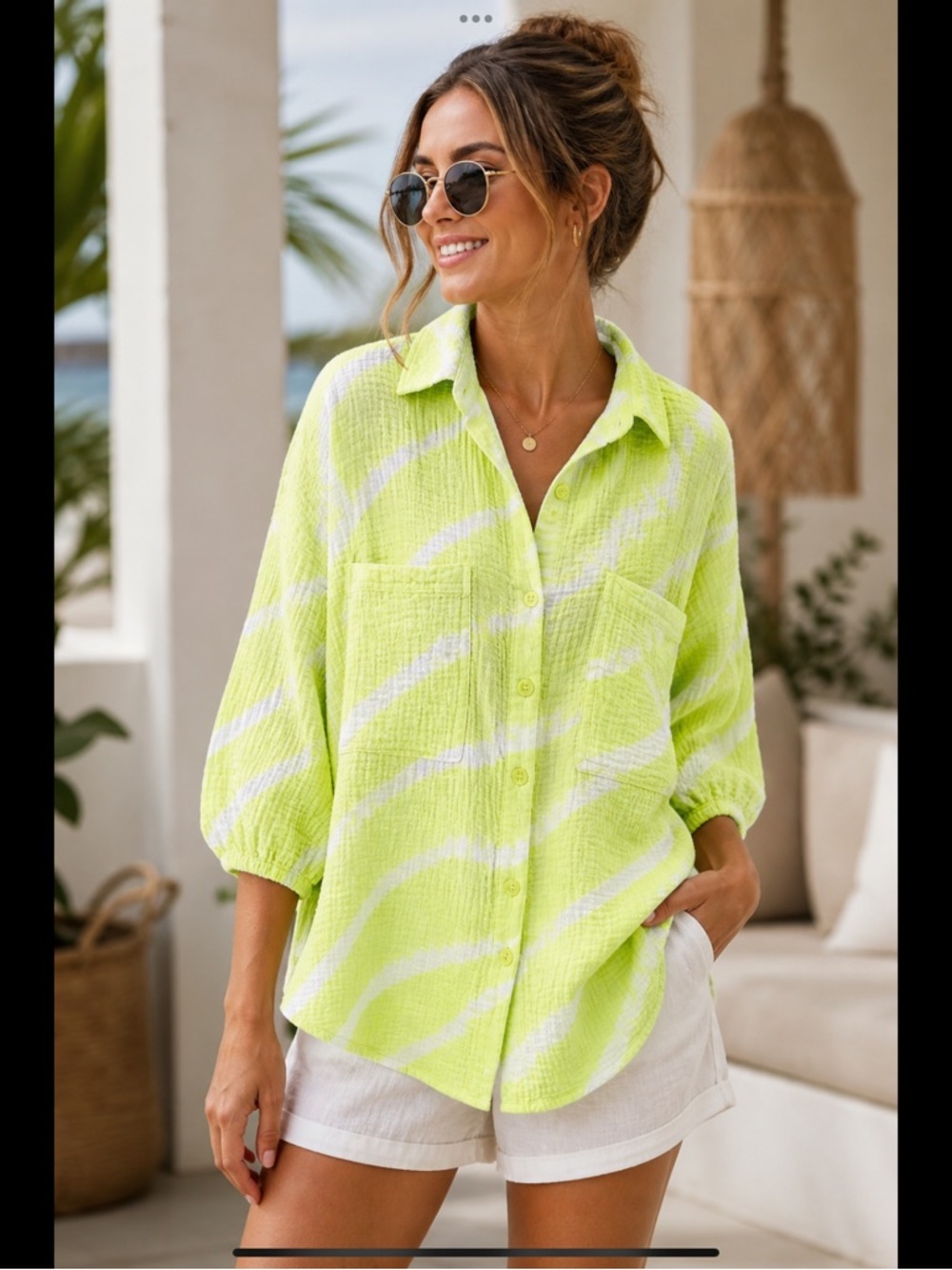 YFB Lime Green Cotton Gauze Resort Cover-Up Shirt Oversized Beach Top